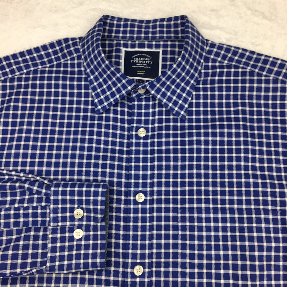 Charles Tyrwhitt Shirt Mens Large Blue/White Check Slim Fit Non Iron